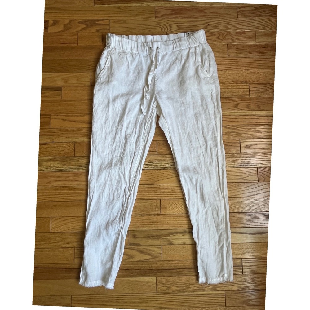 Saks Fifth Avenue White Linen Drawstring Pants Relaxed Raw Hem M Coastal Resort